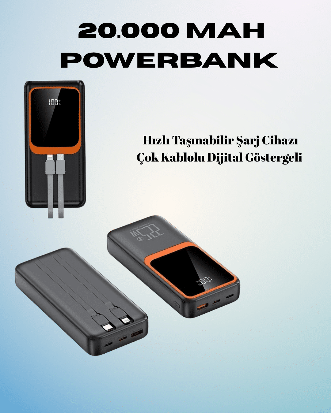 20000 mAh Powerbank | Çok Kablolu Dijital Göstergeli Yüksek Hızlı Şarj Cihazı