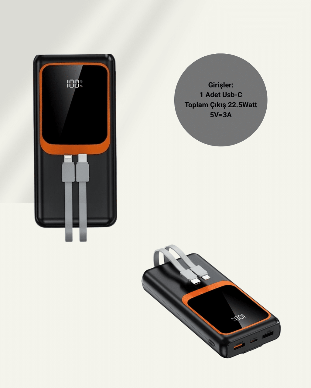 20000 mAh Powerbank | Çok Kablolu Dijital Göstergeli Yüksek Hızlı Şarj Cihazı