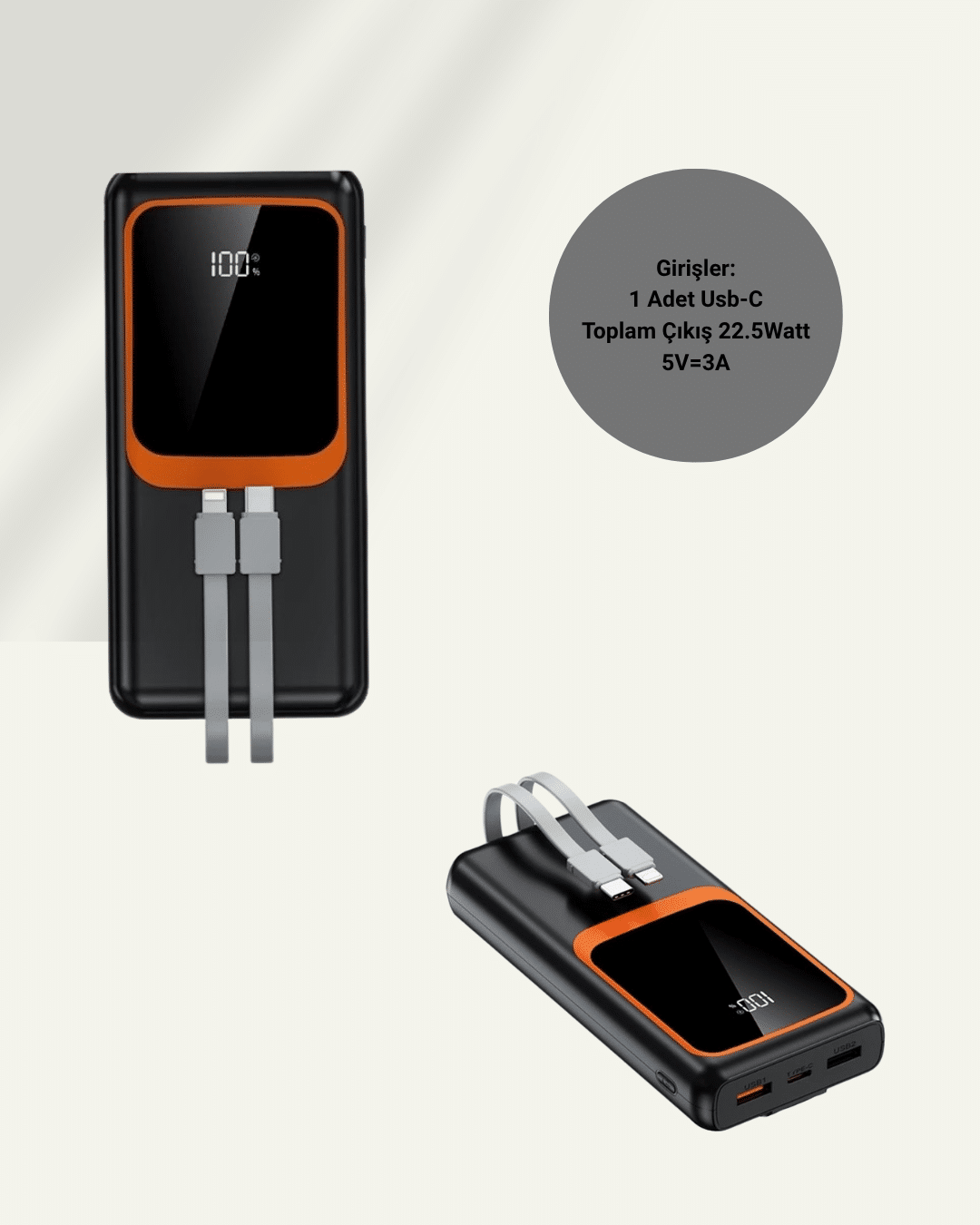 20.000 mAh Powerbank – 22.5W Hızlı Şarj Çok Kablolu Dijital Göstergeli