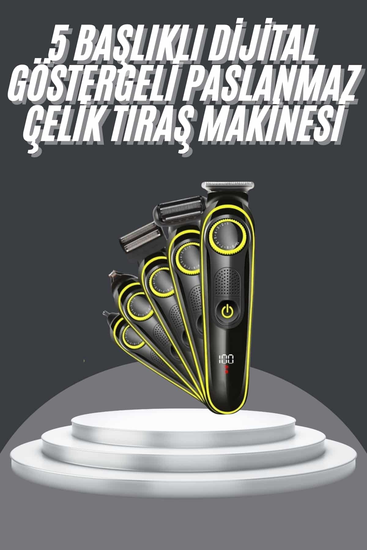 5 Başlıklı Şarjlı Tıraş Makinesi Led Ekran Saç Sakal Ense Tıraşına Uygun Bakım Seti