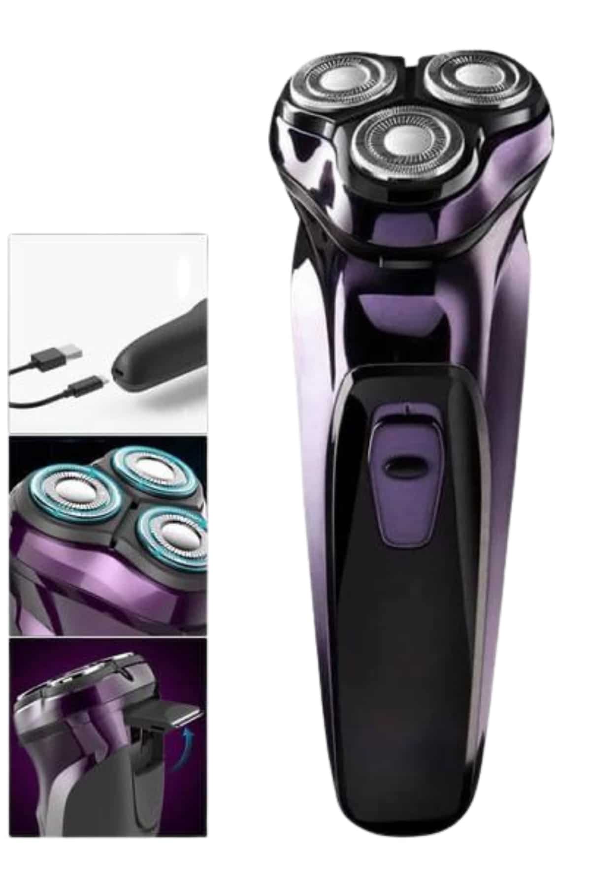 3 Bıçaklı Döner Başlıklı Sakal Sıfır Alma Tıraş Makinesi Profesyonel Paslanmaz Çelik