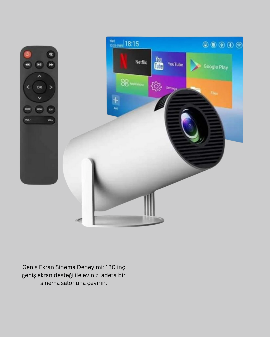 4K Destekli Full HD Projeksiyon Cihazı – 130 inç Geniş Ekran WiFi ve HDMI Bağlantılı