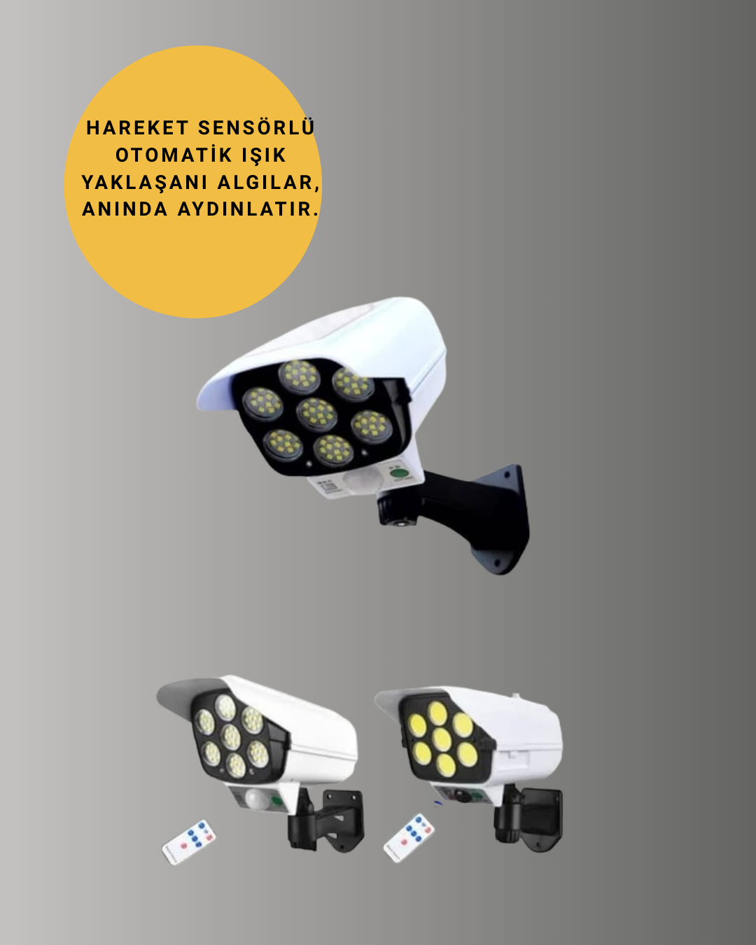 77 LED'li Güneş Enerjili Güvenlik Lambası ve Kukla Kamera – Hareket Sensörlü 2400mAh Pilli