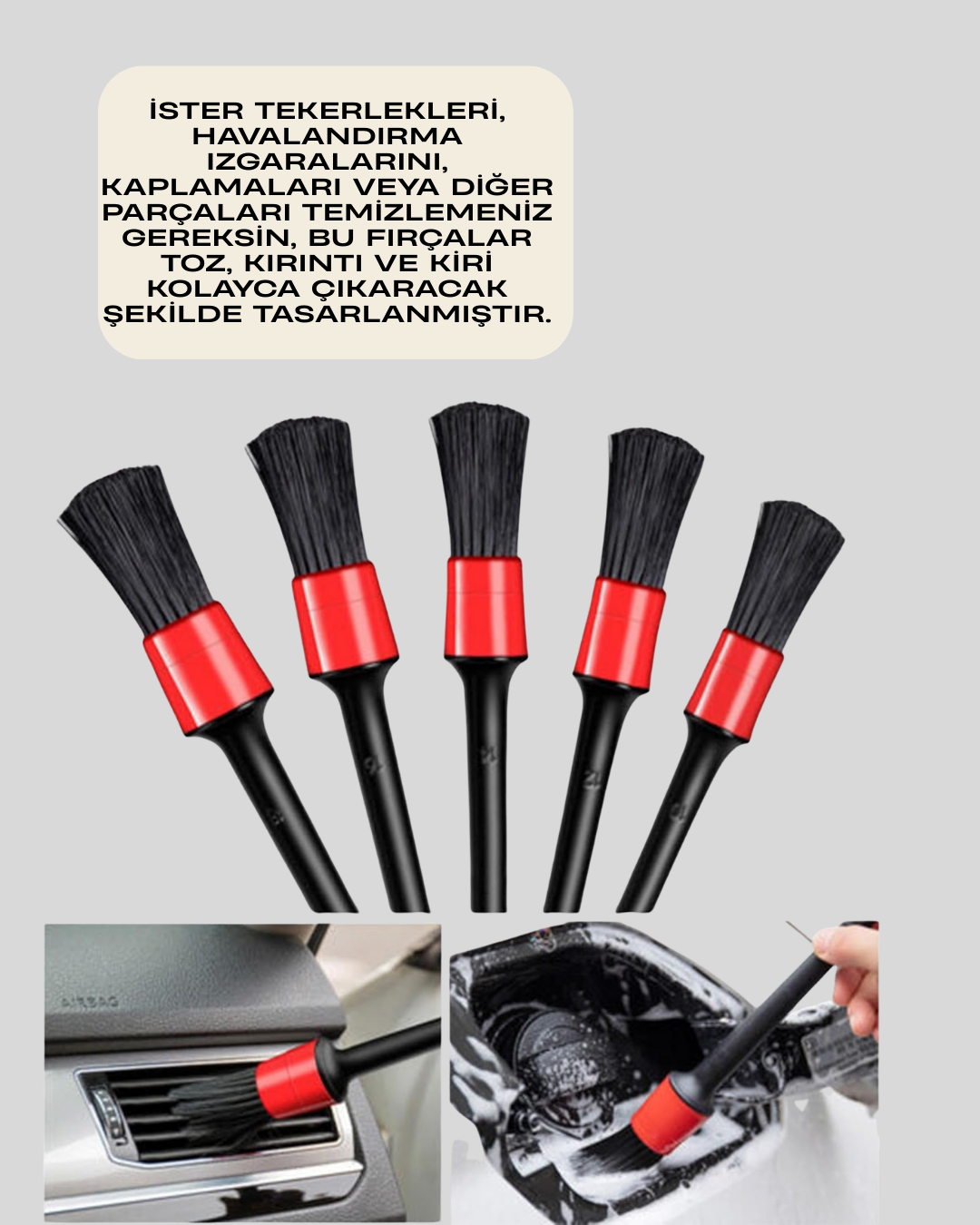 5'li Araç Temizlik Fırça Seti-Detaylı Temizlik İçin Çok Amaçlı Fırçalar