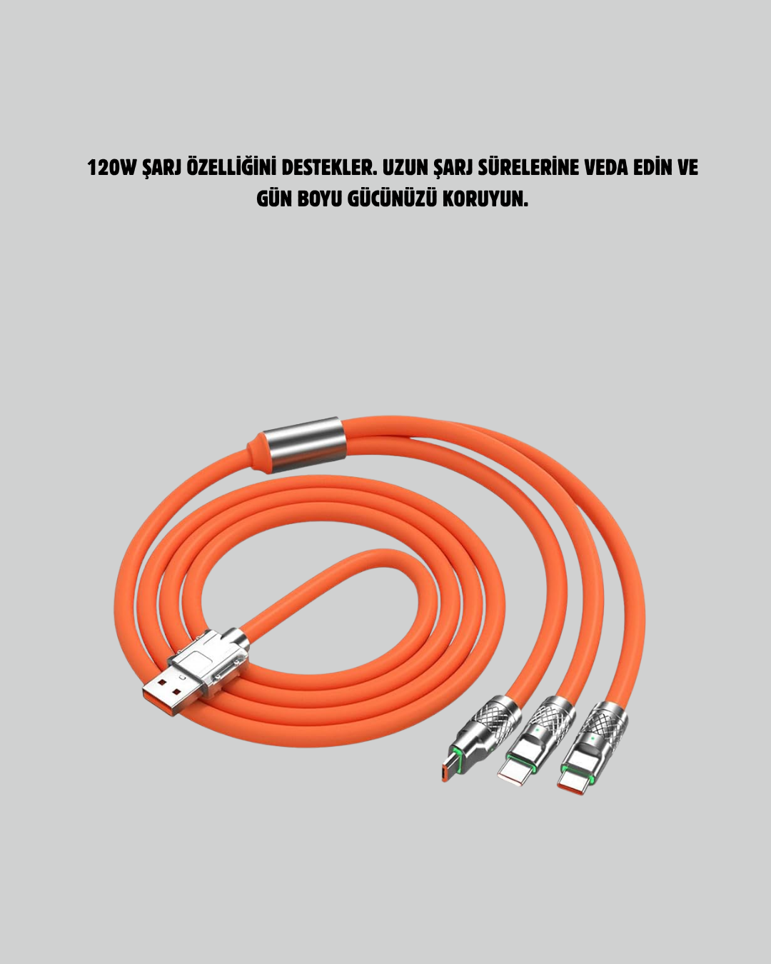 3’ü 1 Arada Kablo – 120W Hızlı Şarj ve Veri Aktarımı Özellikli