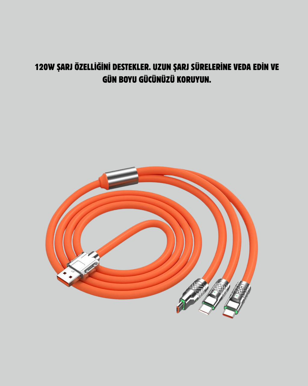 120 W Hızlı Çözüm Sunan 3'ü 1 USB Şarj Kablosu– Sağlam Gövde
