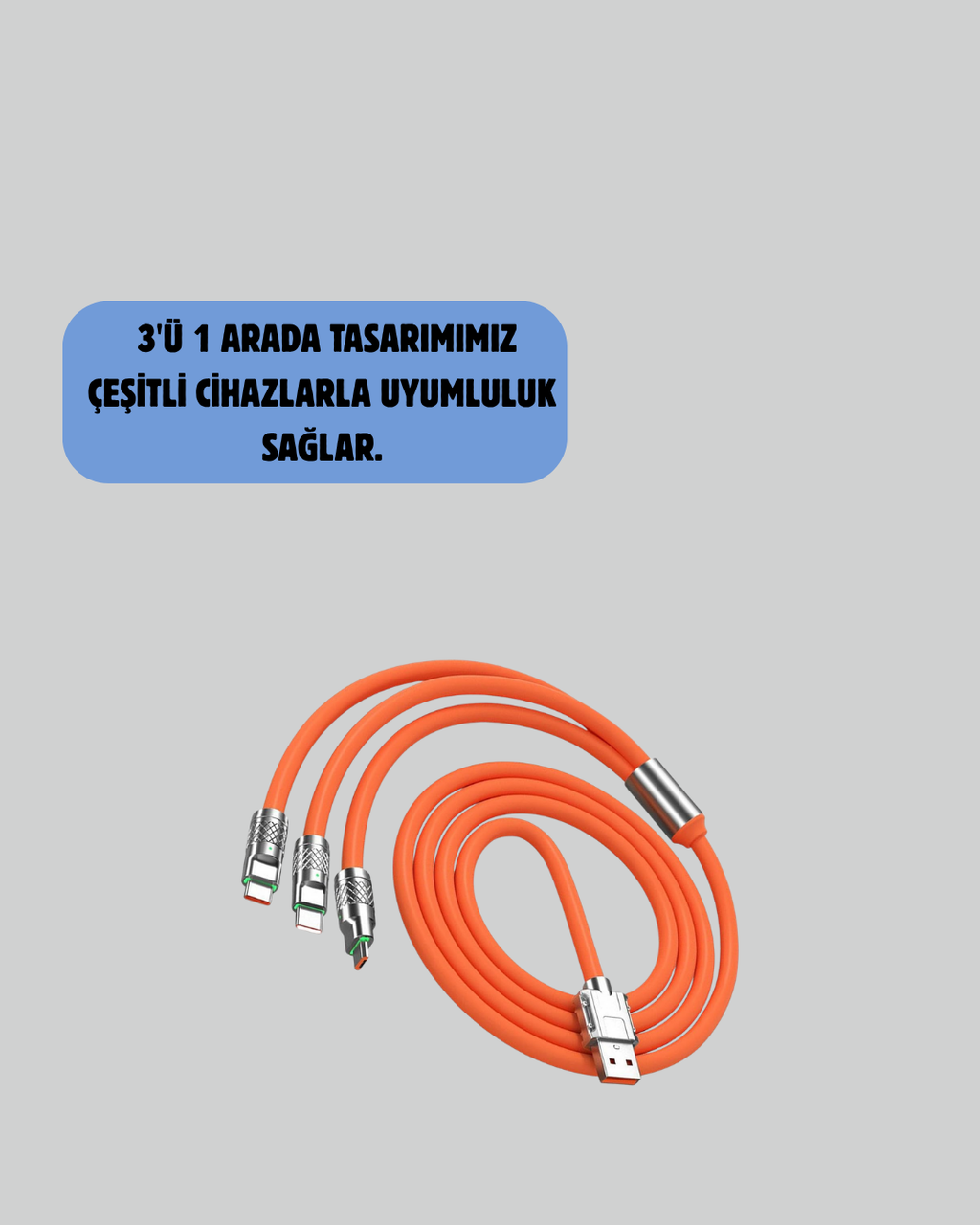 120 W Şarj ve Veri Aktarımı Kablo– 3 Başlıklı Çok Amaçlı Kablo Yüksek Hızlı
