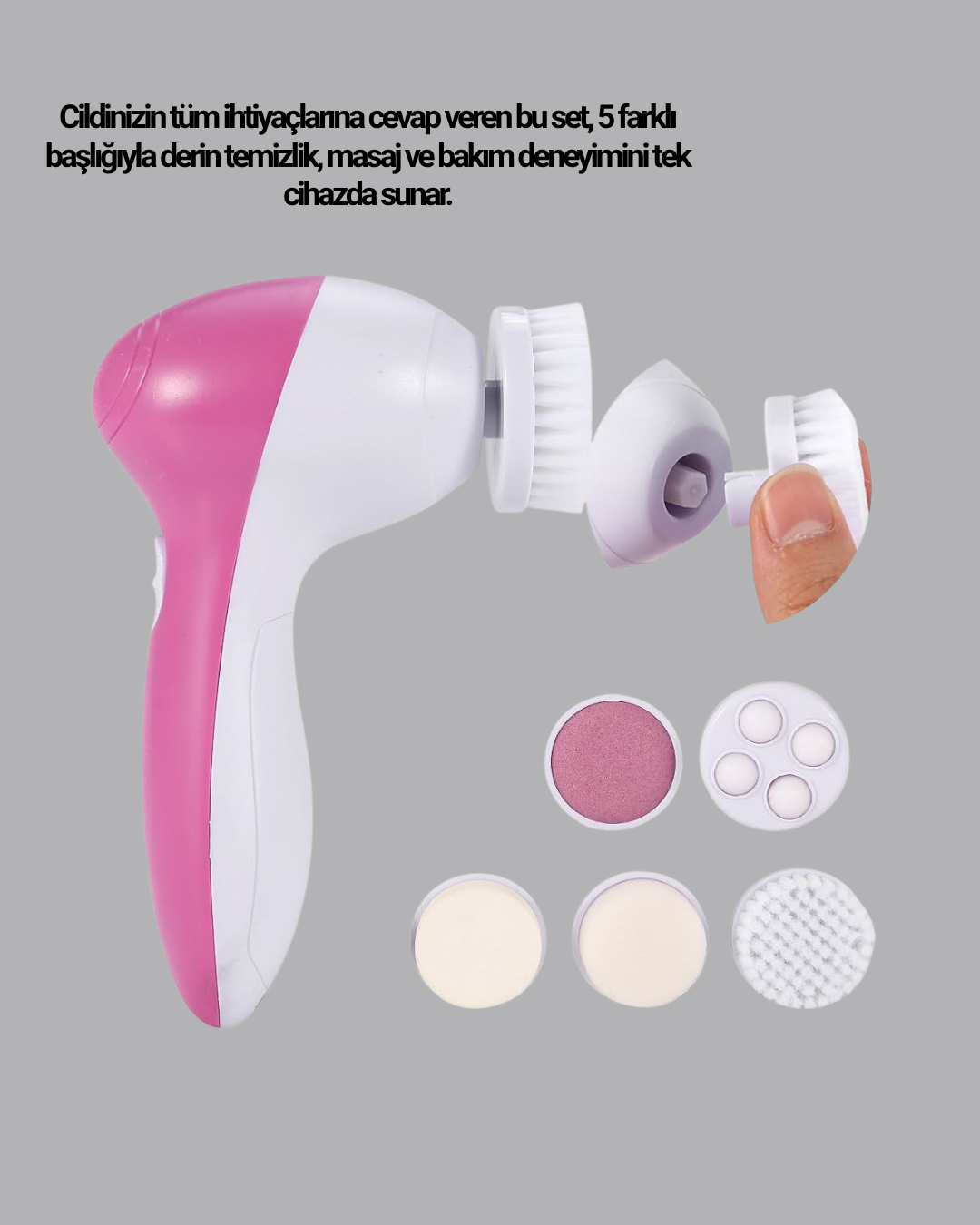 5’i 1 Arada Yüz Temizleme Cihazı – Masaj Fırça Peeling ve Krem Uygulama Aparatlı
