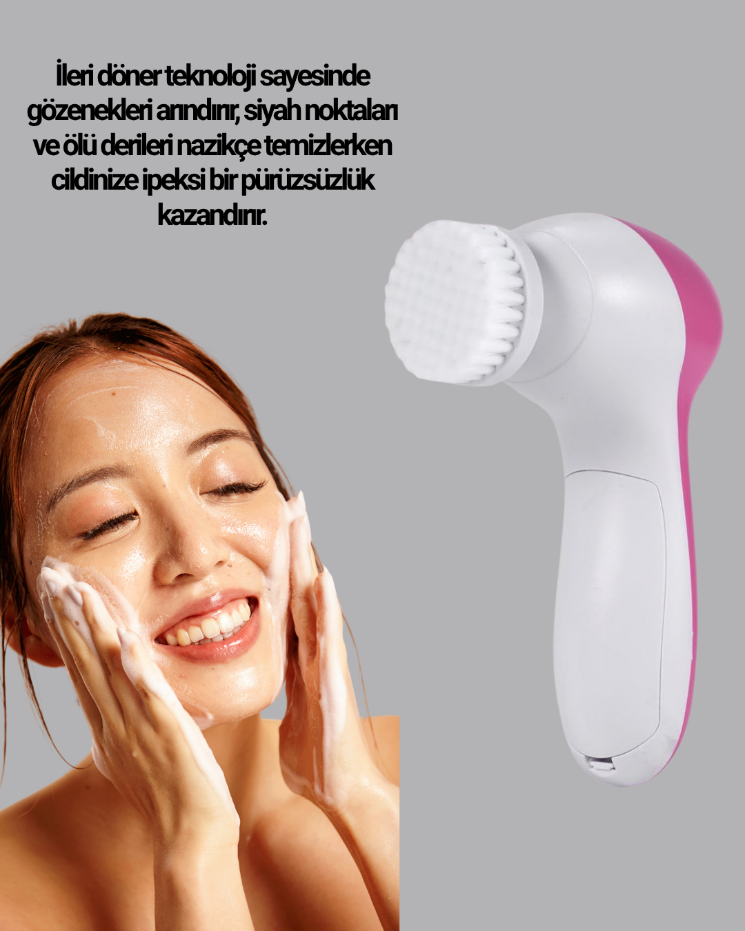 5’i 1 Arada Yüz Temizleme Cihazı – Masaj Fırça Peeling ve Krem Uygulama Aparatlı