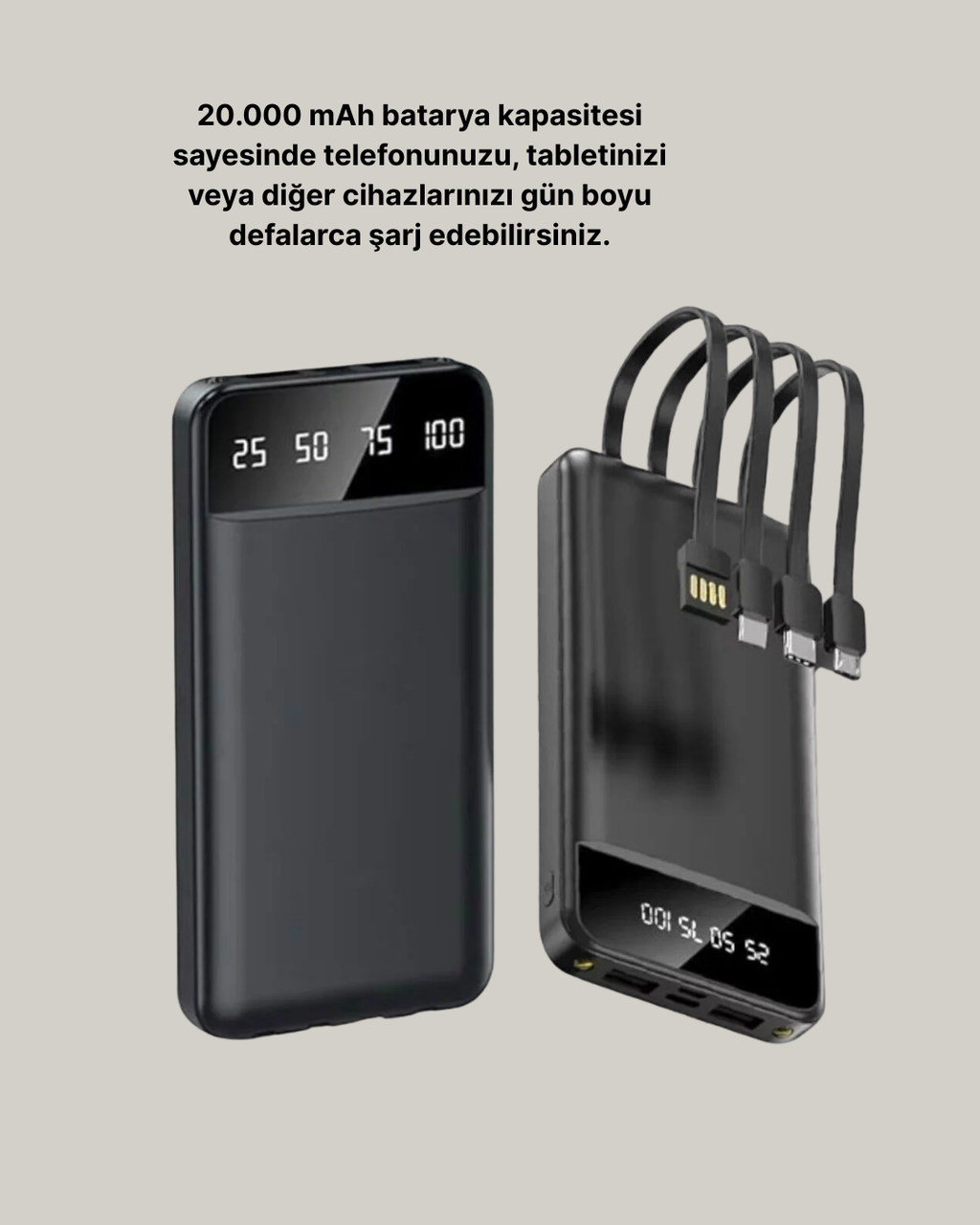 20.000 mAh 4 Çıkışlı LED Göstergeli Hızlı Şarj Powerbank