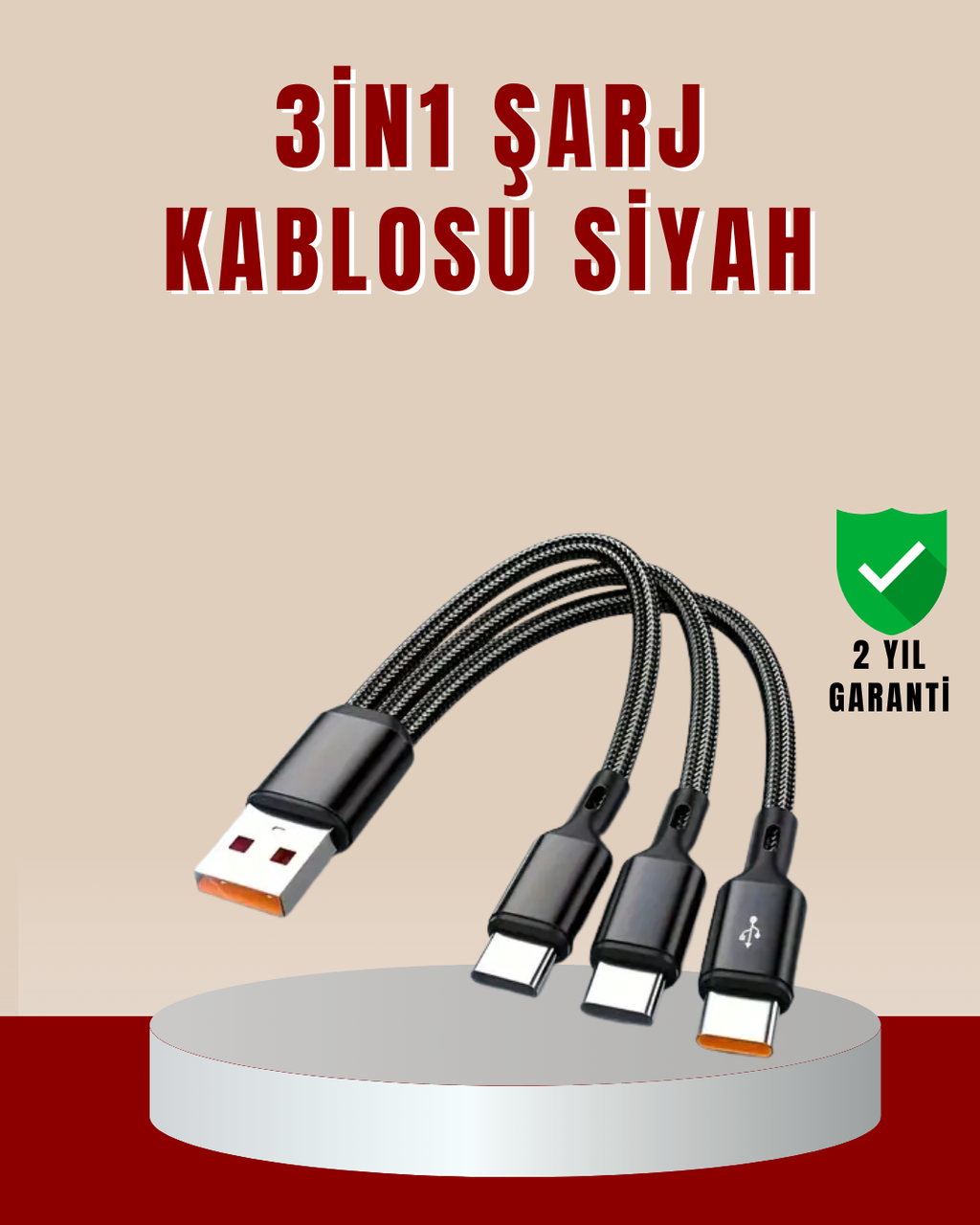 3’ü 1 Arada Hızlı Şarj Kablosu – iOS Android Type-C Uyumlu