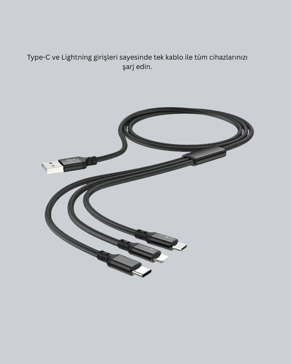 3’ü 1 Arada Hızlı Şarj Kablosu – iOS Android Type-C Uyumlu