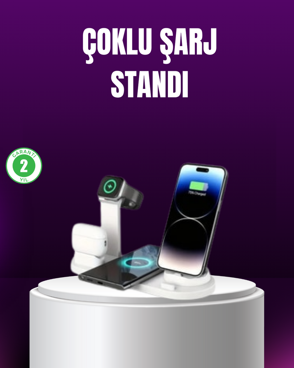 15W Hızlı Şarj Destekli 4’ü 1 Arada Kablosuz Şarj İstasyonu