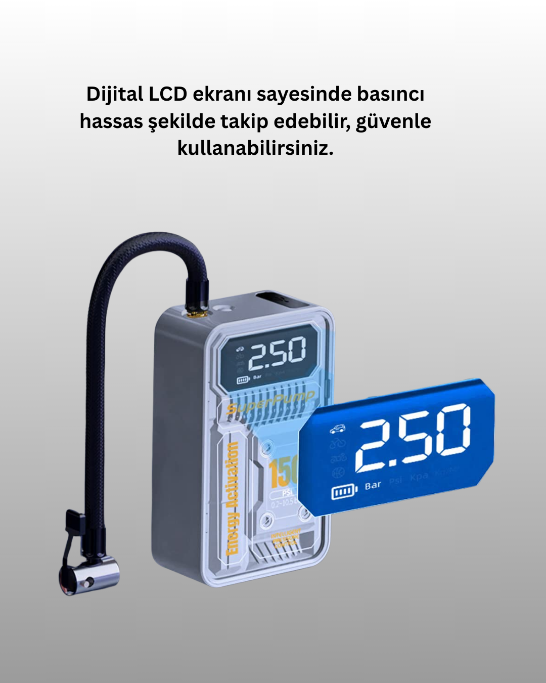 150 PSI Kablosuz Dijital Ekranlı Taşınabilir Araç Lastik Pompası