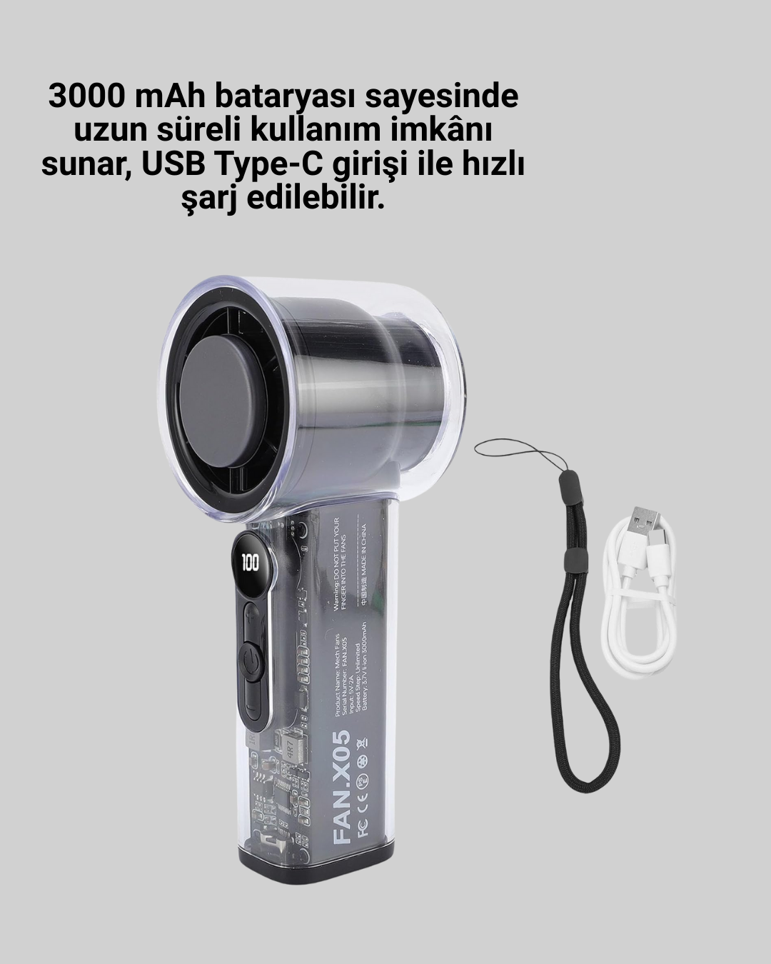 100 Kademeli Ayarlanabilir Mini Fan | Dijital Ekranlı Serinletici