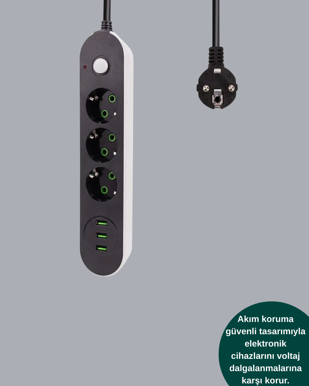 2 Metre Kablolu 3 USB Portlu Anahtarlı Üçlü Priz