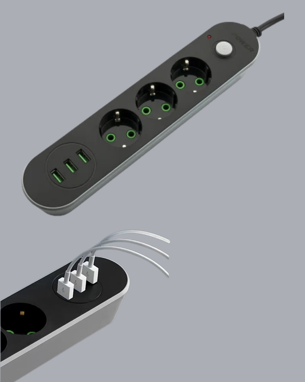 2 Metre Kablolu 3 USB Portlu Anahtarlı Üçlü Priz