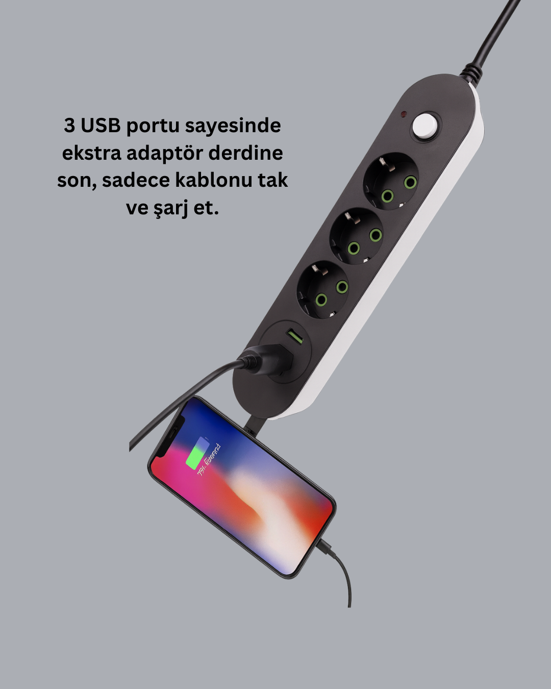 3 USB Çıkışlı Hızlı Şarjlı Anahtarlı Üçlü Priz