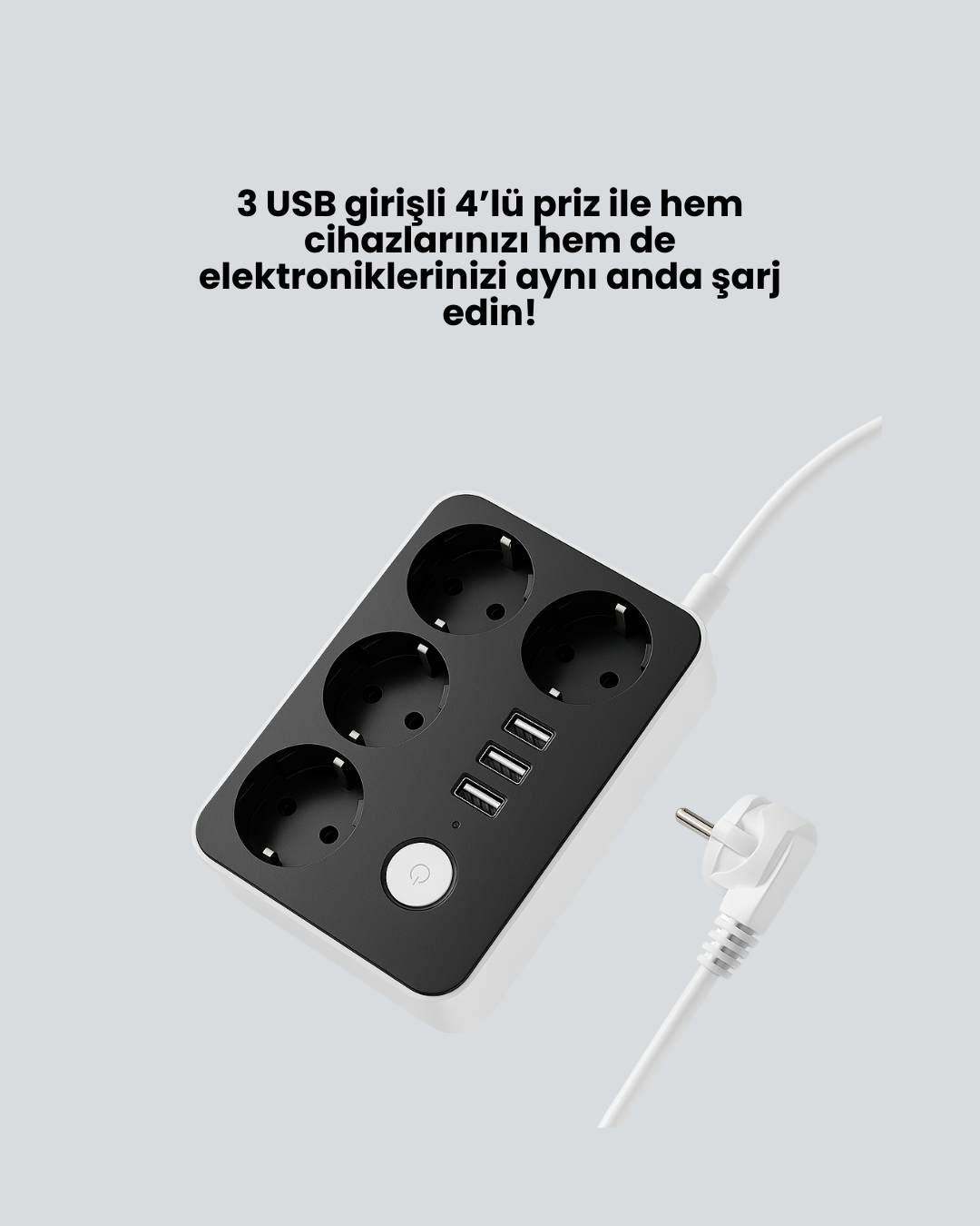 3 USB Çıkışlı 4’lü Akıllı Priz 2500W 2 Metre Kablo