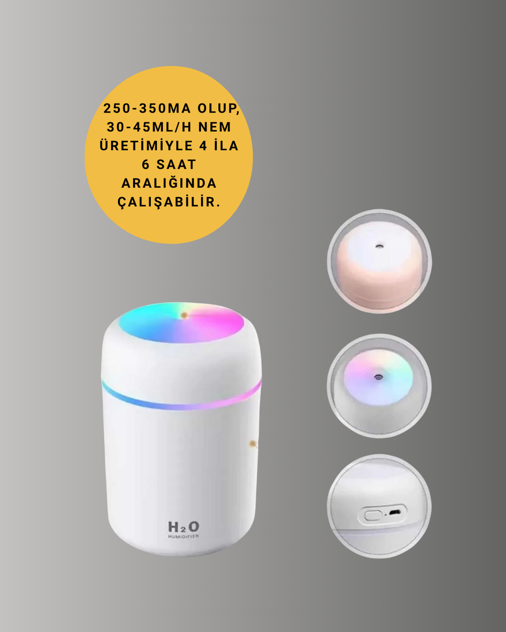 ABS Gövdeli 300ml USB Nemlendirici – Beyaz Gri Pembe Renk