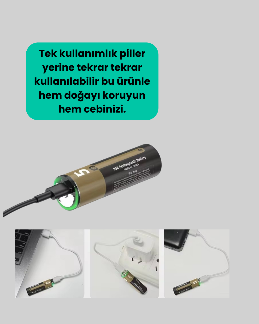 1.5V AA Şarjlı Lityum Pil | 1000+ Kez Şarj Edilebilir | Hızlı Type-C Şarj (2 Adet)