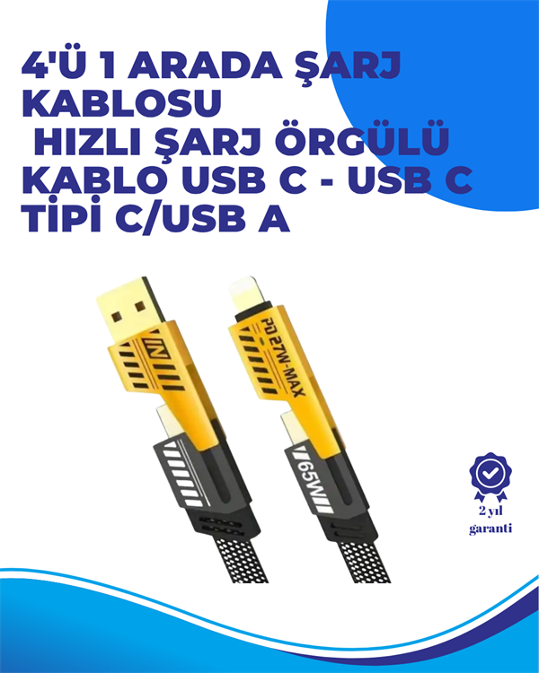 65W 4'ü 1 Arada Çoklu Şarj Kablosu – USB-C USB-A Lightning Veri ve Şarj Desteği