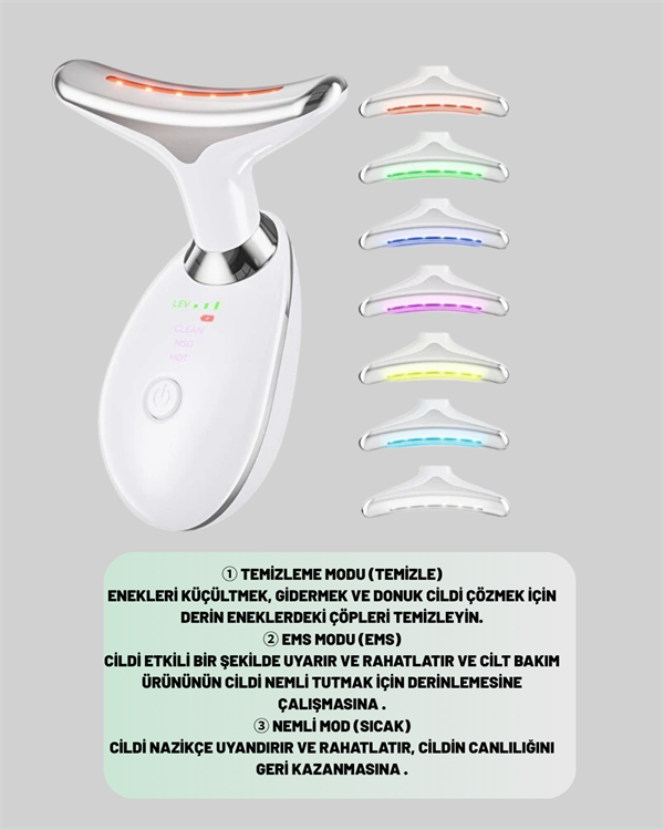 3 Modlu Boyun ve Yüz Bakım Cihazı – EMS Temizleme Sıcak Masaj ve Renkli Işık Terapi Özellikli