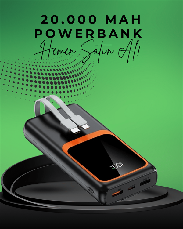 20000 mAh Taşınabilir Powerbank | Çok Kablolu Hızlı Şarj Destekli (22.5W)
