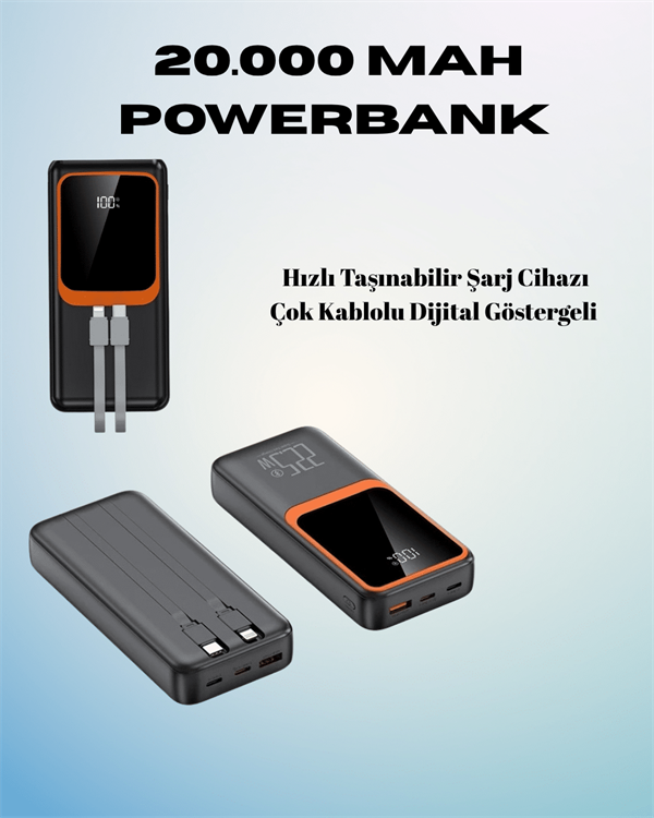 20000 mAh Powerbank | Çok Kablolu Dijital Göstergeli Yüksek Hızlı Şarj Cihazı