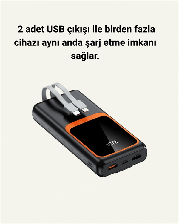 20000 mAh Powerbank | Çok Kablolu Dijital Göstergeli Yüksek Hızlı Şarj Cihazı