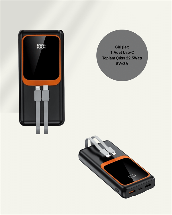 20.000 mAh Powerbank – 22.5W Hızlı Şarj Çok Kablolu Dijital Göstergeli