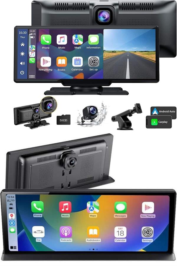 4K 10.2 İnç Çift Kameralı Araç Multimedya Ekranı CarPlay Kablosuz Tüm Cihazlara Uyumlu