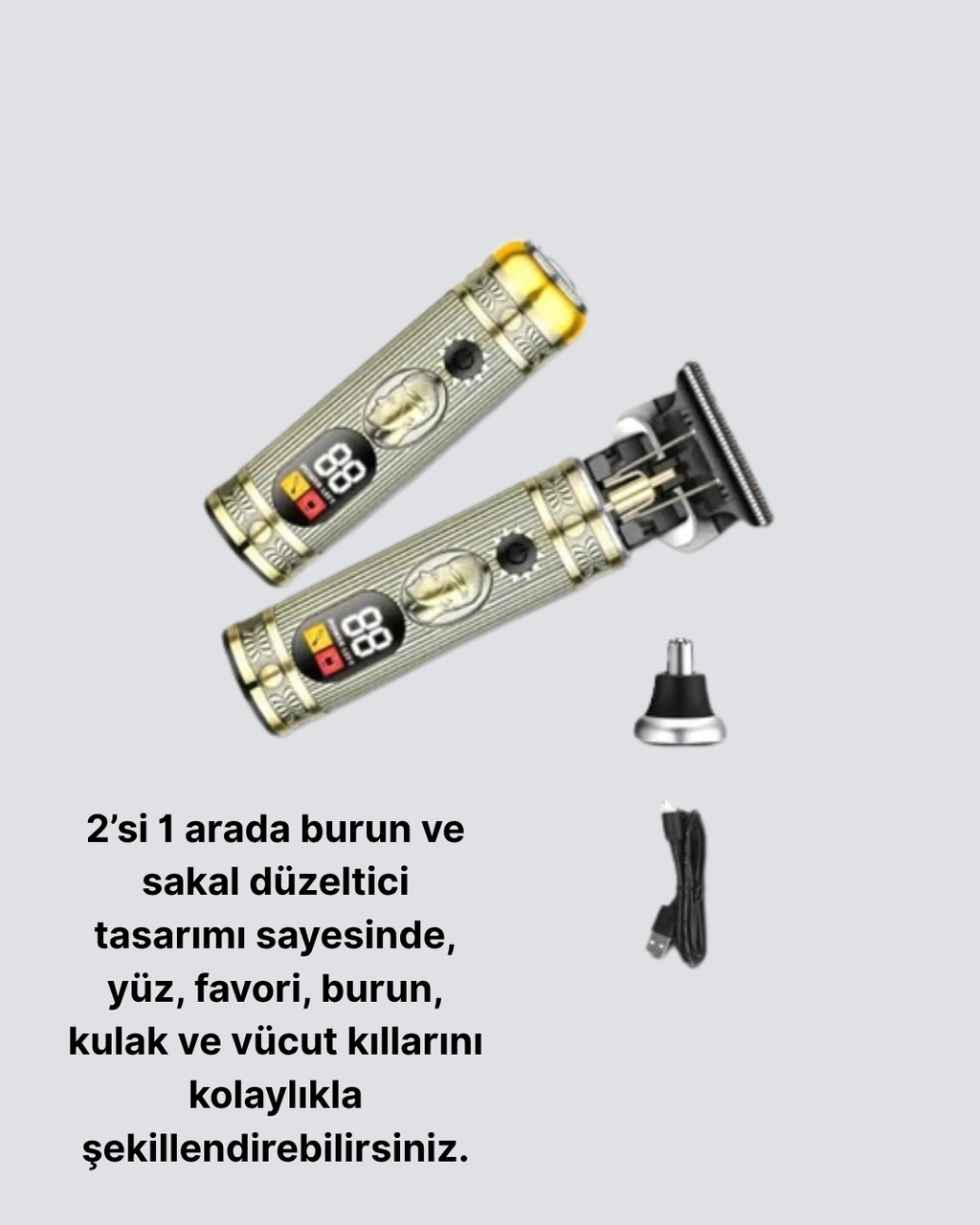 2’si 1 Arada Saç ve Sakal Düzeltici Seti – T Bıçaklı 8 Farklı Kılavuz Tarağı