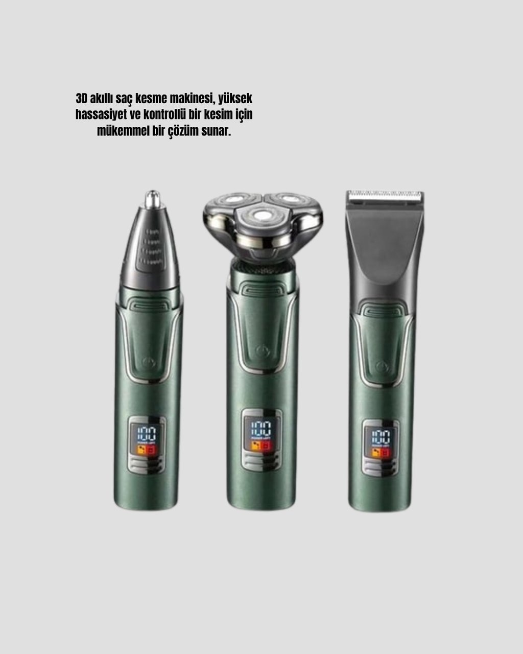 3D Akıllı Kesim Teknolojili Şarjlı Tıraş Seti – 3 Başlıklı Paslanmaz Çelik Bıçaklı