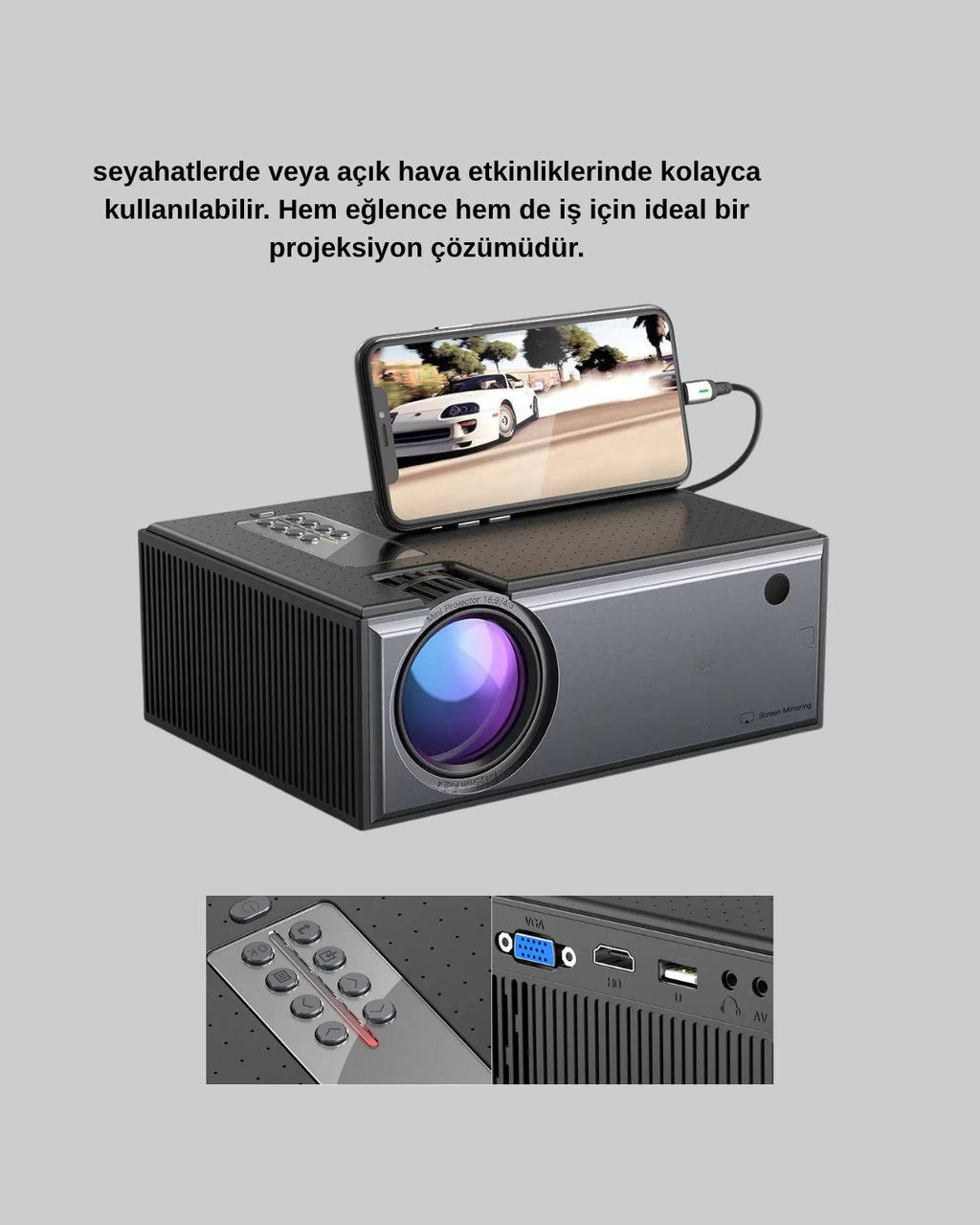 1080p Full HD Taşınabilir Projeksiyon Cihazı LED Işıklı Uzaktan Kumandalı