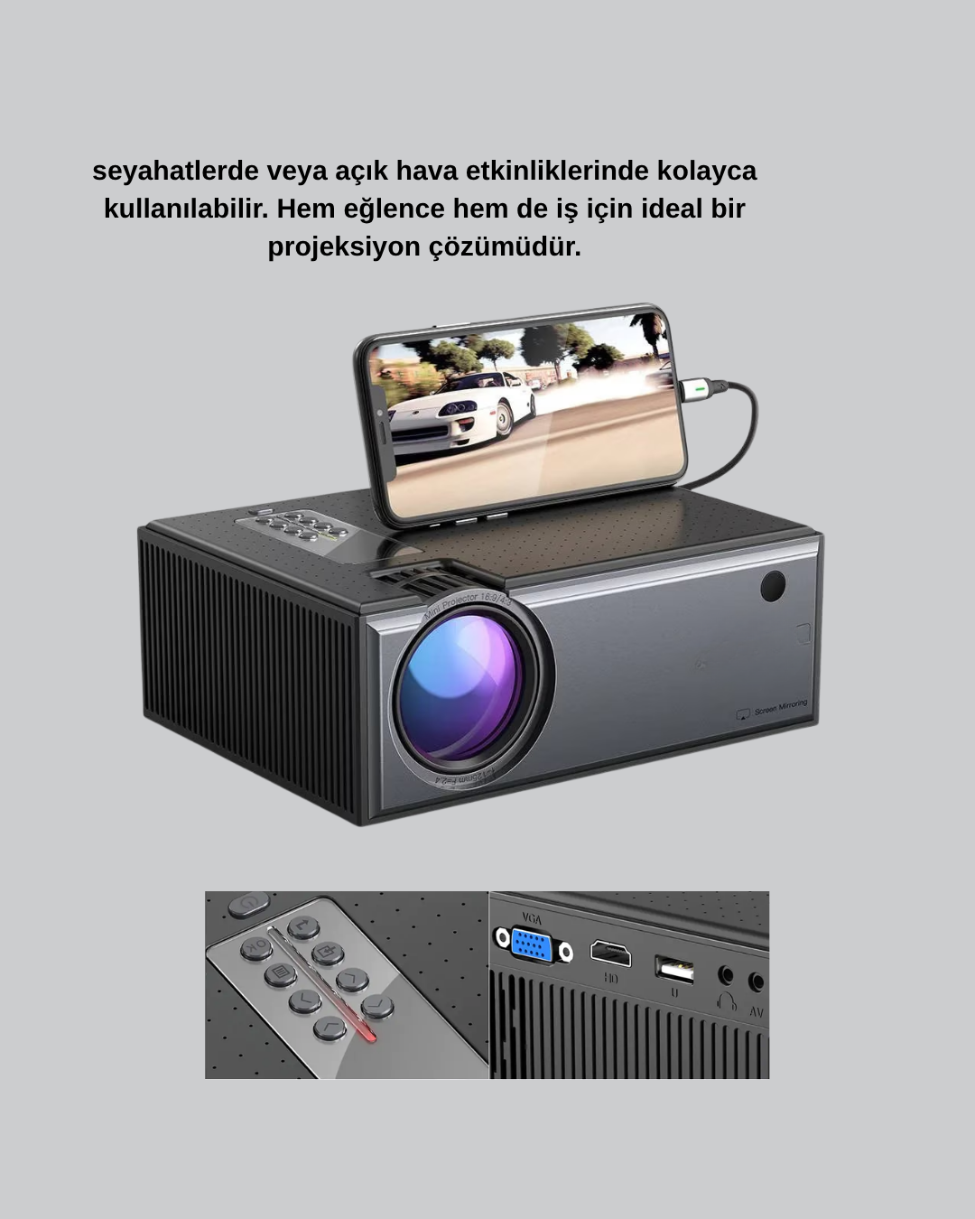 1080p Full HD Taşınabilir Projeksiyon Cihazı LED Işıklı Uzaktan Kumandalı