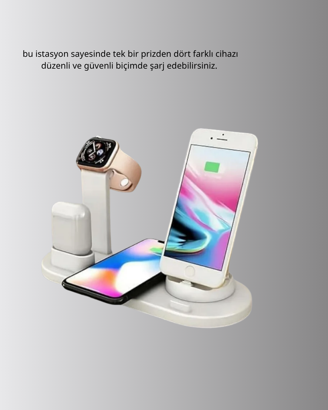 4’lü Apple Kablosuz Şarj Standı iPhone Watch ve AirPods Çoklu Şarjlı
