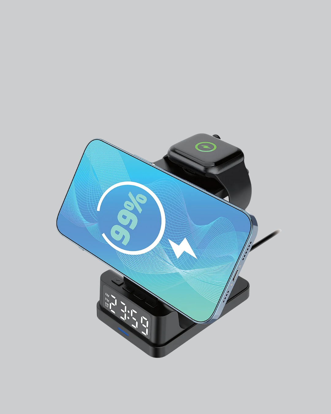 4’ü 1 Arada Kablosuz Şarj İstasyonu – LED Saat Ekranlı Apple Uyumlu Akıllı Güvenlik Koruması