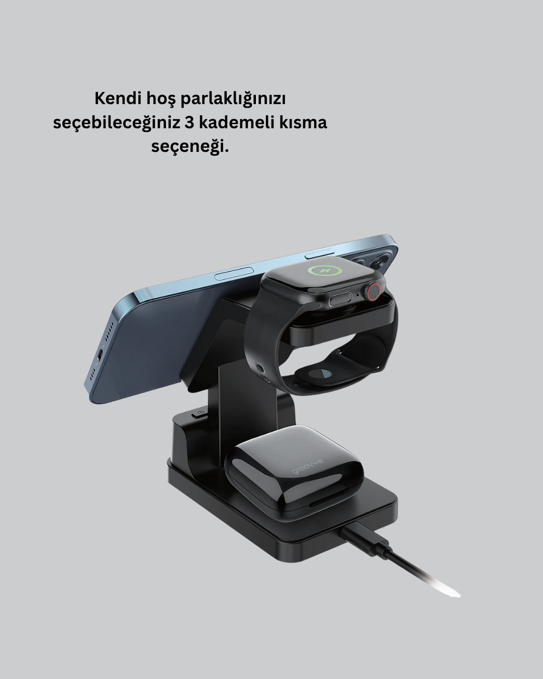 4’ü 1 Arada Kablosuz Şarj İstasyonu – LED Saat Ekranlı Apple Uyumlu Akıllı Güvenlik Koruması