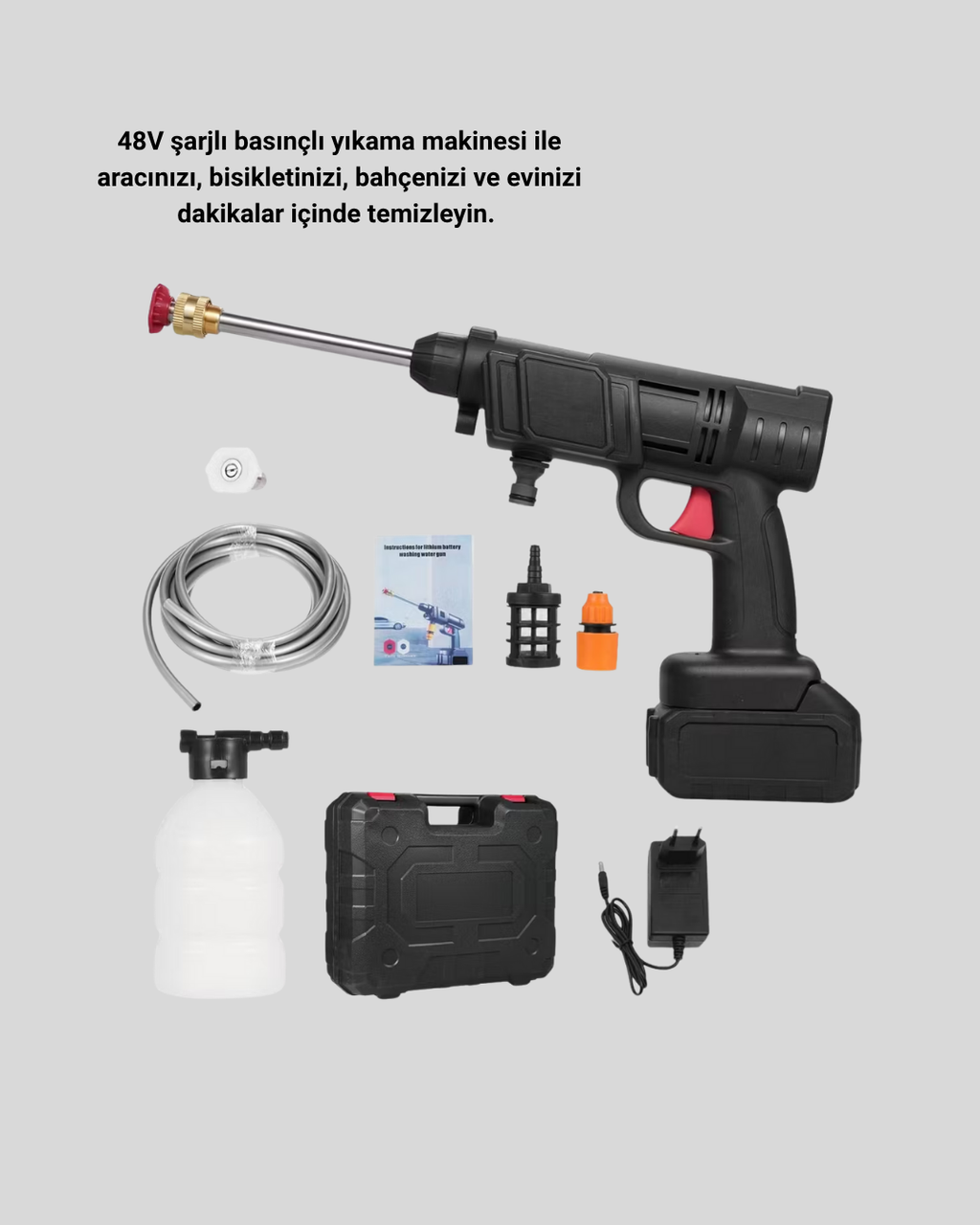 48V Kablosuz Yıkama Makinesi – 2 Pil Köpük Tankı ve Ayarlanabilir