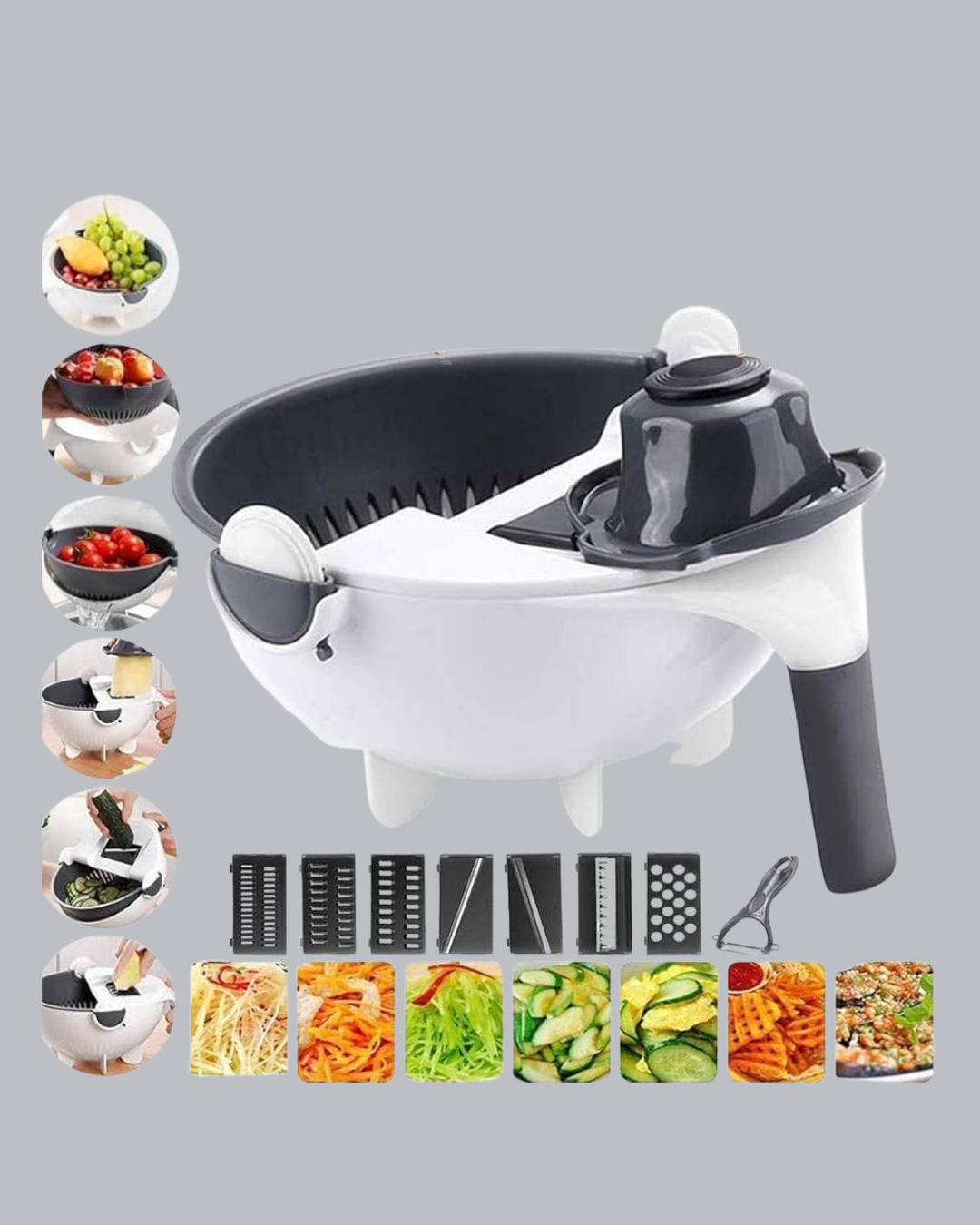 5 Fonksiyonlu Döner Rende Süzgeçli Çok Amaçlı Sebze Doğrayıcı Kaymaz Tabanlı