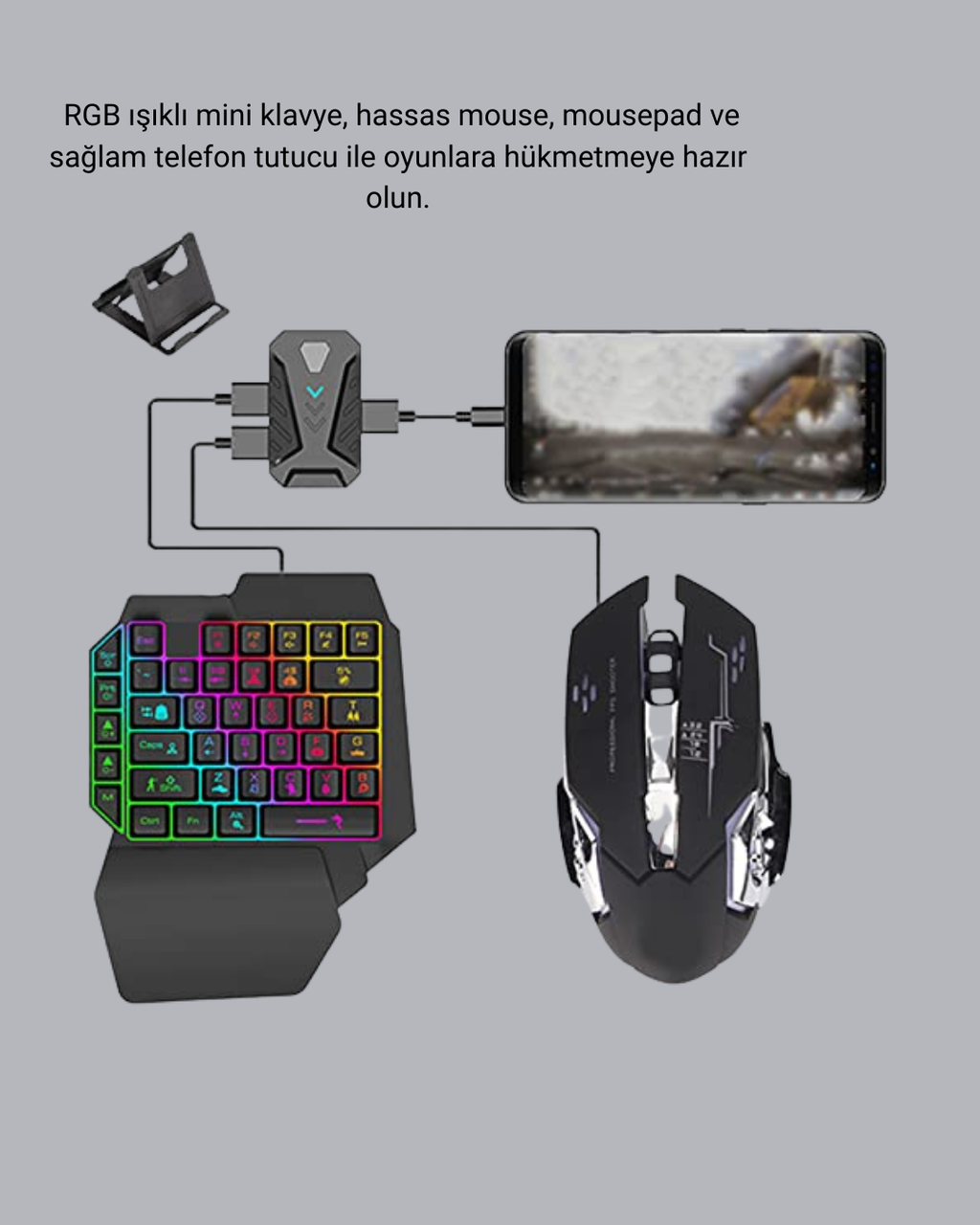 5in1 Mobil Oyun Kiti Bluetooth 5.3 Mini RGB Klavye Mouse Dönüştürücü Seti