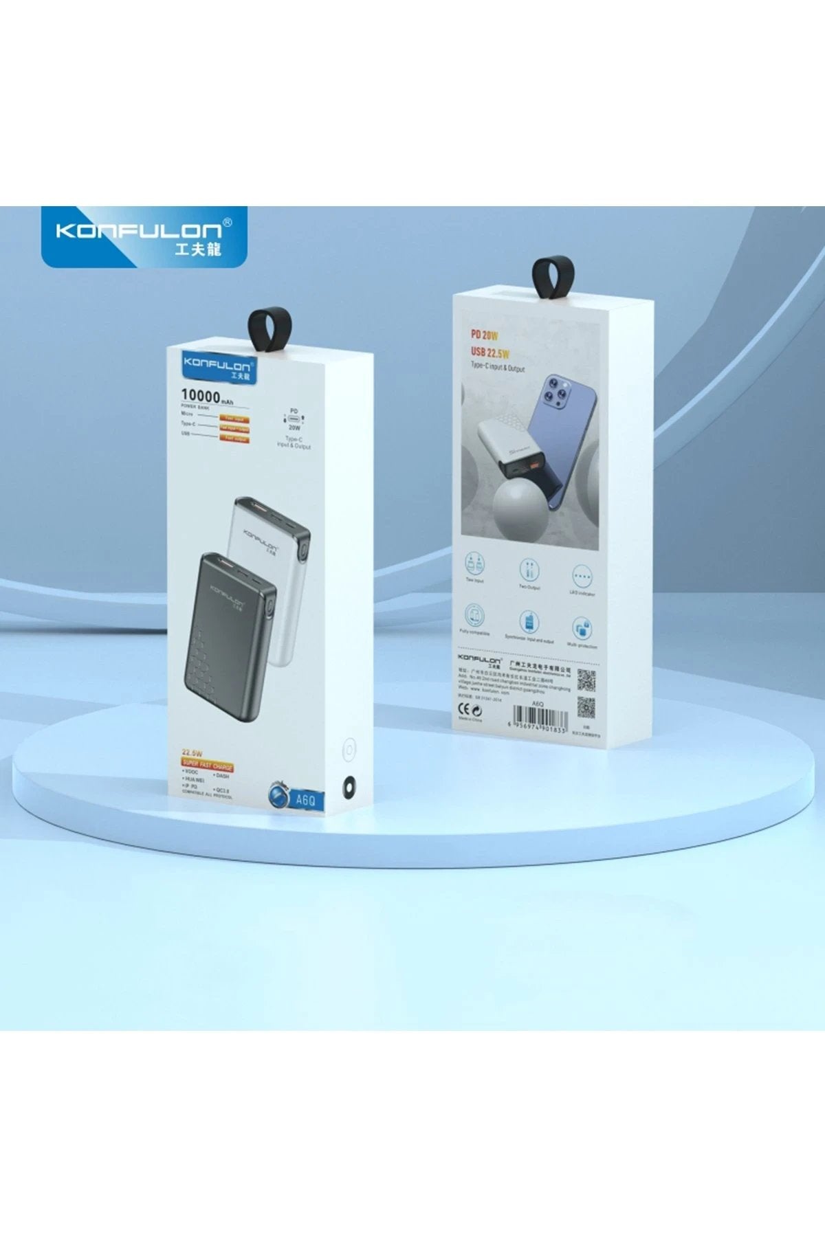 A6Q 22.5W Usb 3.0 ve 20W Type-C Çıkışlı 10.000 mAh PD Powerbank - Siyah-(5796)