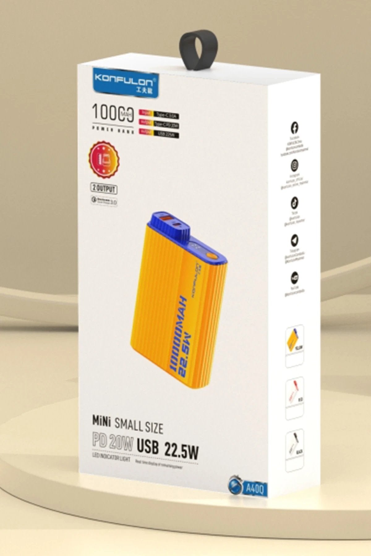 A40Q 10.000 mAh PD 20W Mini Powerbank - Siyah-Beyaz-(5796)