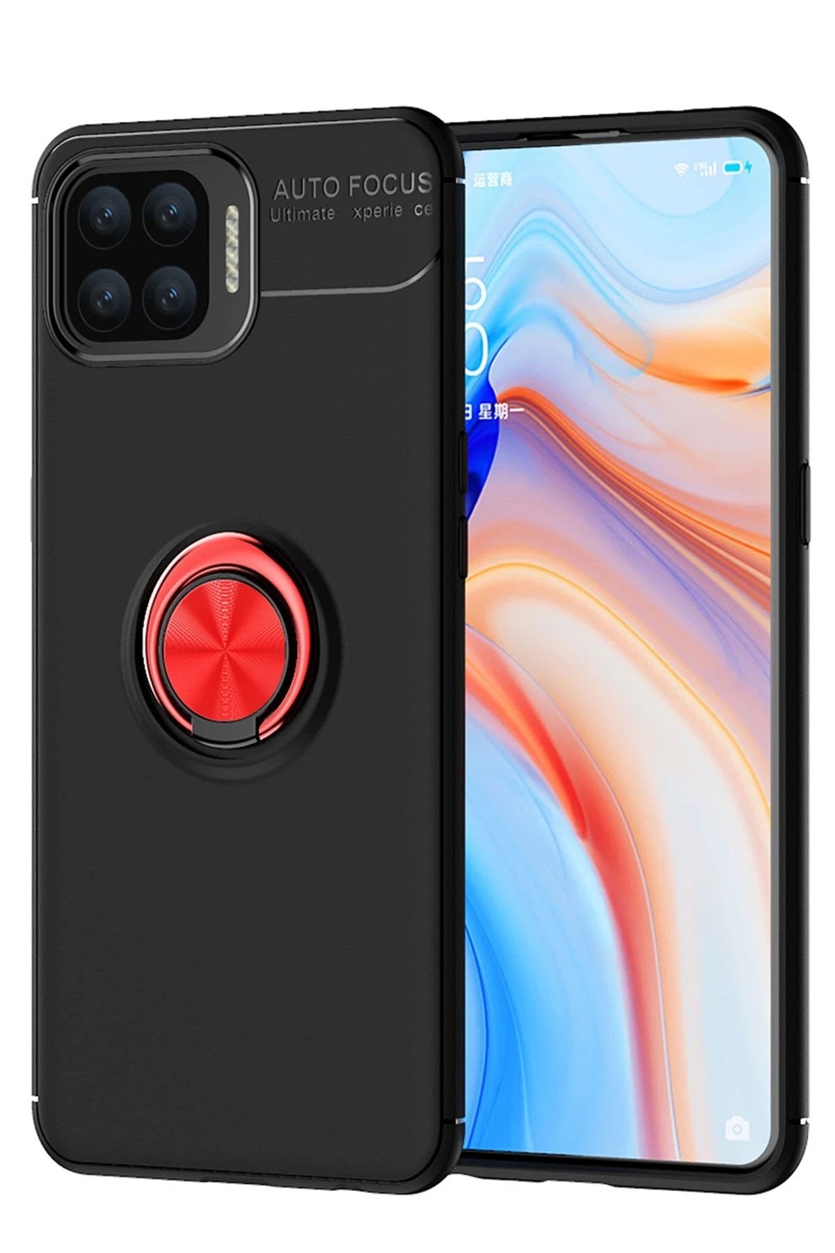 Oppo A73 Kılıf Range Yüzüklü Silikon - Siyah-Kırmızı-(5796)