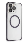 iPhone 14 Pro Kılıf Metal Bumper Magneticsafe Kapak - Derin Mor-(5796)