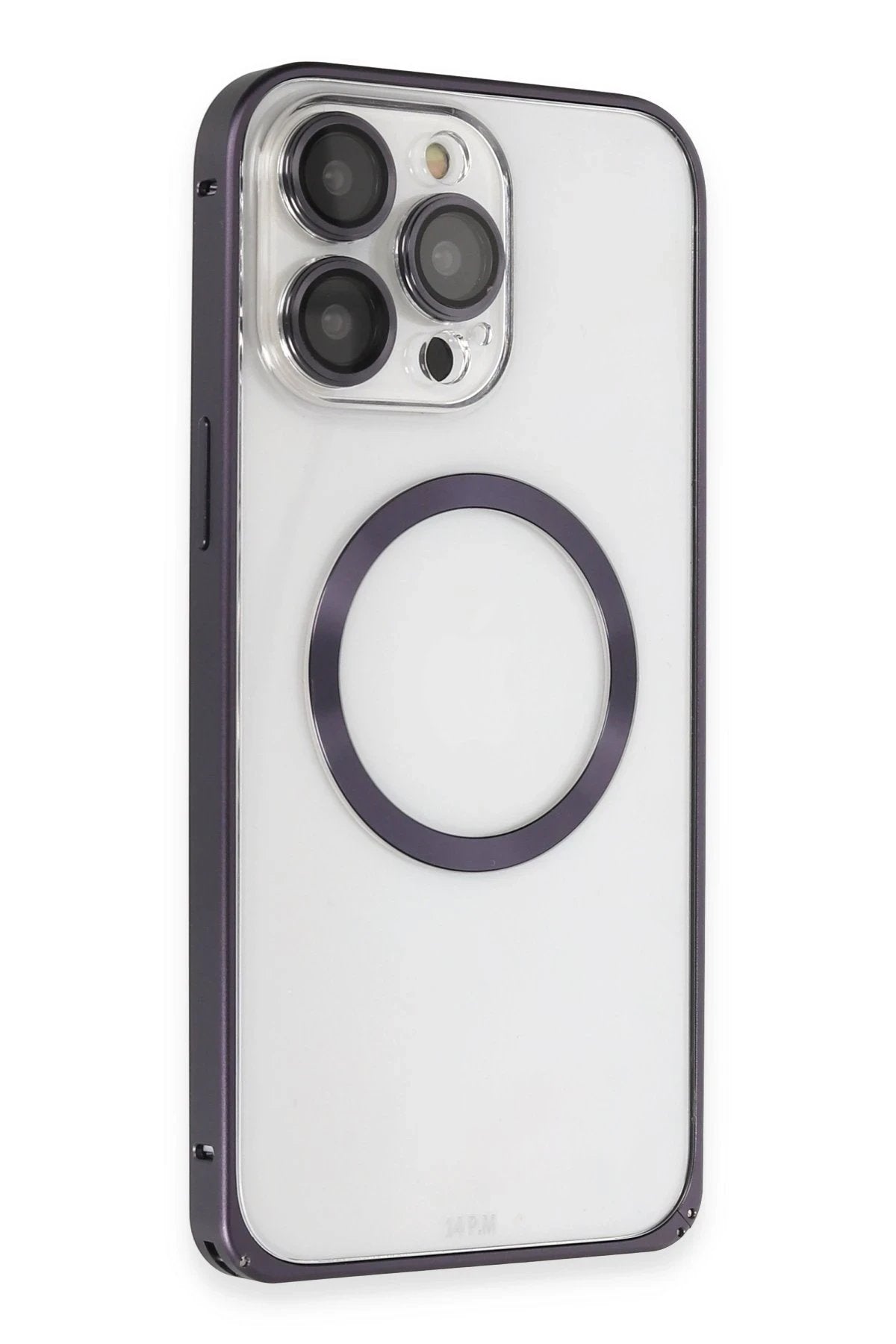 iPhone 14 Pro Kılıf Metal Bumper Magneticsafe Kapak - Derin Mor-(5796)