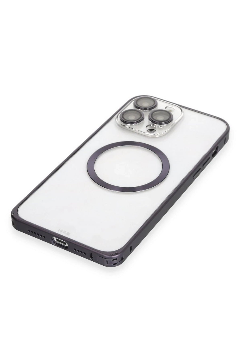 iPhone 14 Pro Kılıf Metal Bumper Magneticsafe Kapak - Derin Mor-(5796)