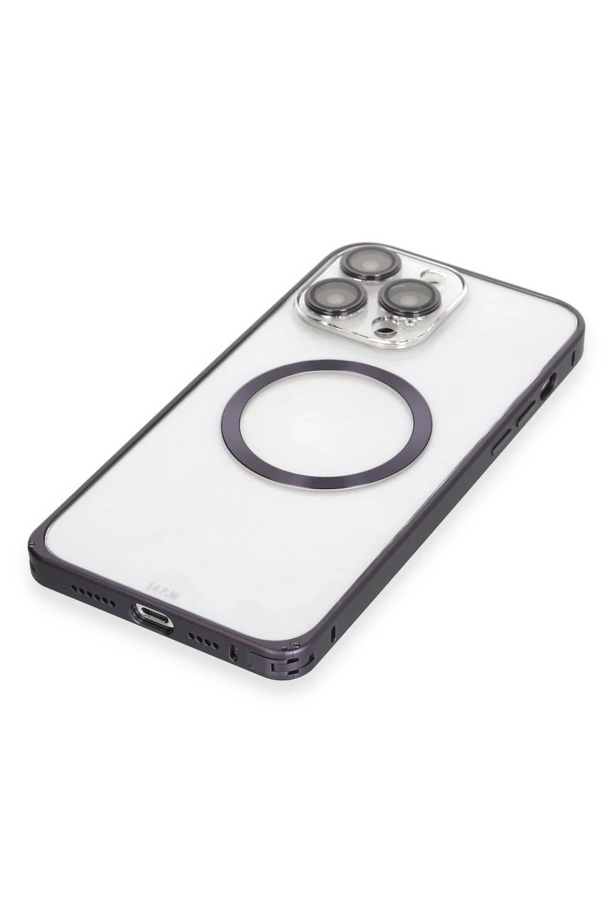 iPhone 14 Pro Kılıf Metal Bumper Magneticsafe Kapak - Derin Mor-(5796)