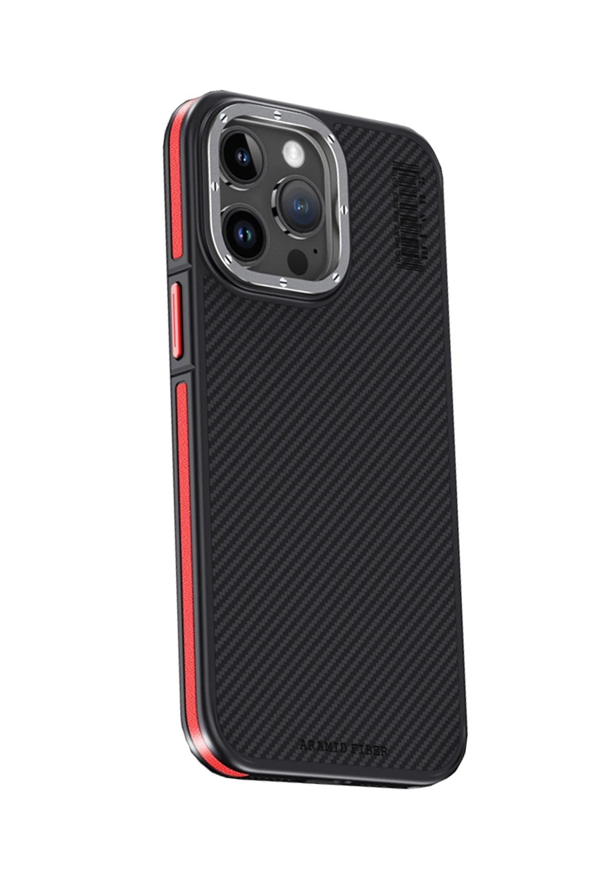 iPhone 15 Pro Max Kılıf Aramid 600D Kevlar Karbon Fiber Magsafe Kapak - Kırmızı-(5796)